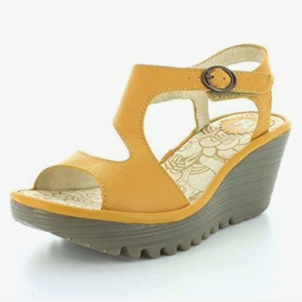 NEW Fly London Yuca Mustard Wedge Sandals
